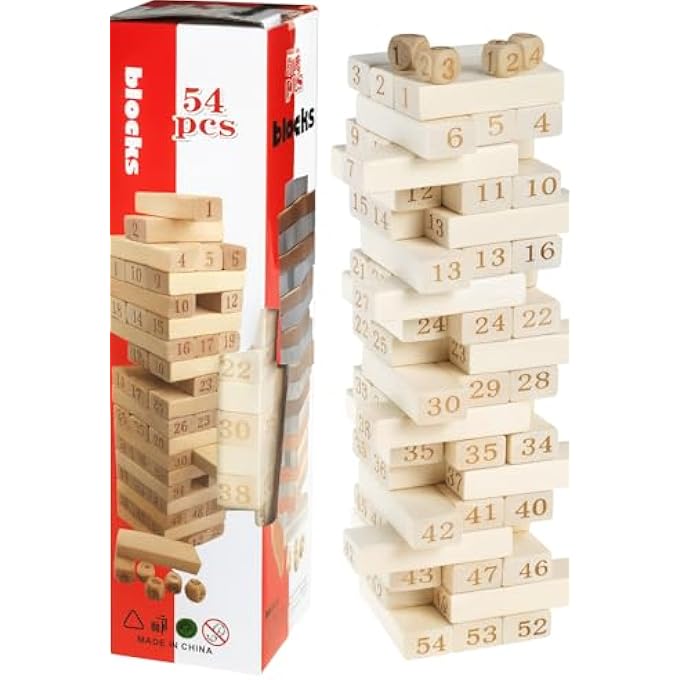 rayihni GIANT STACKING TOWER GAME WITH 54 WOODEN BLOCKS  FUN FAMILY & GROUP ACTIVITY FOR KIDS AND ADULTS  DURABLE WOOD PIECES FOR INDOOR OR OUTDOOR PLAY - Image 1